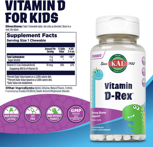 KAL Vitamin D-Rex Chewable, Childrens Vitamins 400 IU D-3, Bubble Gum