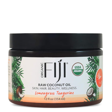 Organic Fiji Raw Cold Pressed Coconut Oil for Hair, Skin, Face & Body | Relaxing Massage Oil | Lemongrass Tangerine,12  for Women Men & Baby