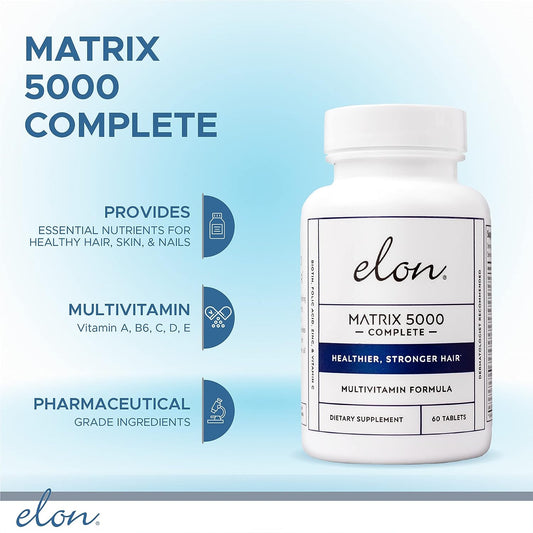 Elon Matrix 5000 Complete Multivitamin, Hair Skin & Nails Vitamin Biotin 5000 Mcg Supplement, Healthy & Stronger Hair, Hair Growth Vitamins - All Hair Types, 60 Day Supply