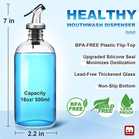 GMISUN Mouthwash Dispenser, 2 Pack 16 Glass Mouthwash Decanter for Bathroom, 2 Refillable Mouthwash Bottles Container, 3 Pour Spouts, 2 Reusable Mouthwash Cups, Preprinted Labels and Funnel