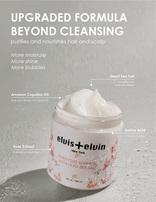 elvis+elvin Purifying Shampoo with Dead Sea Salt, Clarifying Cleanse for Dirt, Oil, Super Clean, Soft and Refreshed, To Remove Buildup, For All Hair Types, Sulfate Free, Vegan, Fights Oily Scalp