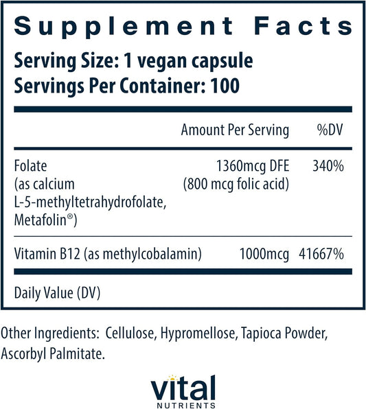 Vital Nutrients Vitamin B12 and Methyl Folate | Vegan Supplement | Sup