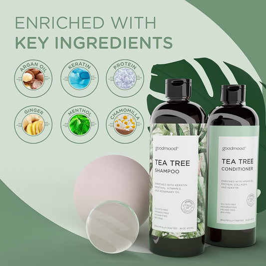 GoodMood Tea Tree Shampoo and Conditioner Set, Mint Shampoo enriched with Protein, Collagen & Silk, Treatment For Men and Women with DHT Blockers, Sulfate & Paraben Free 2x16