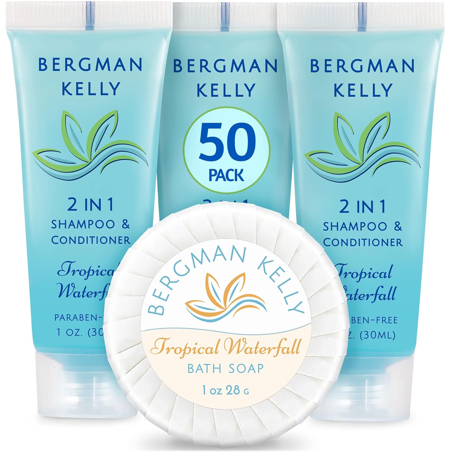 BERGMAN KELLY Round Soap Bars, 2in1 Shampoo & Conditioner 2-Piece Set (Tropical Waterfall, 1  each, 100 pc), Delight Your Guests with Revitalizing & Refreshing Sanitary Toiletries & Hotel Amenities