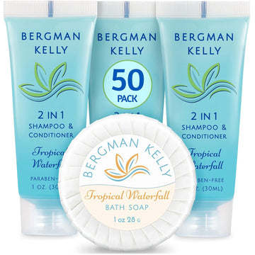 BERGMAN KELLY Round Soap Bars, 2in1 Shampoo & Conditioner 2-Piece Set (Tropical Waterfall, 1  each, 100 pc), Delight Your Guests with Revitalizing & Refreshing Sanitary Toiletries & Hotel Amenities