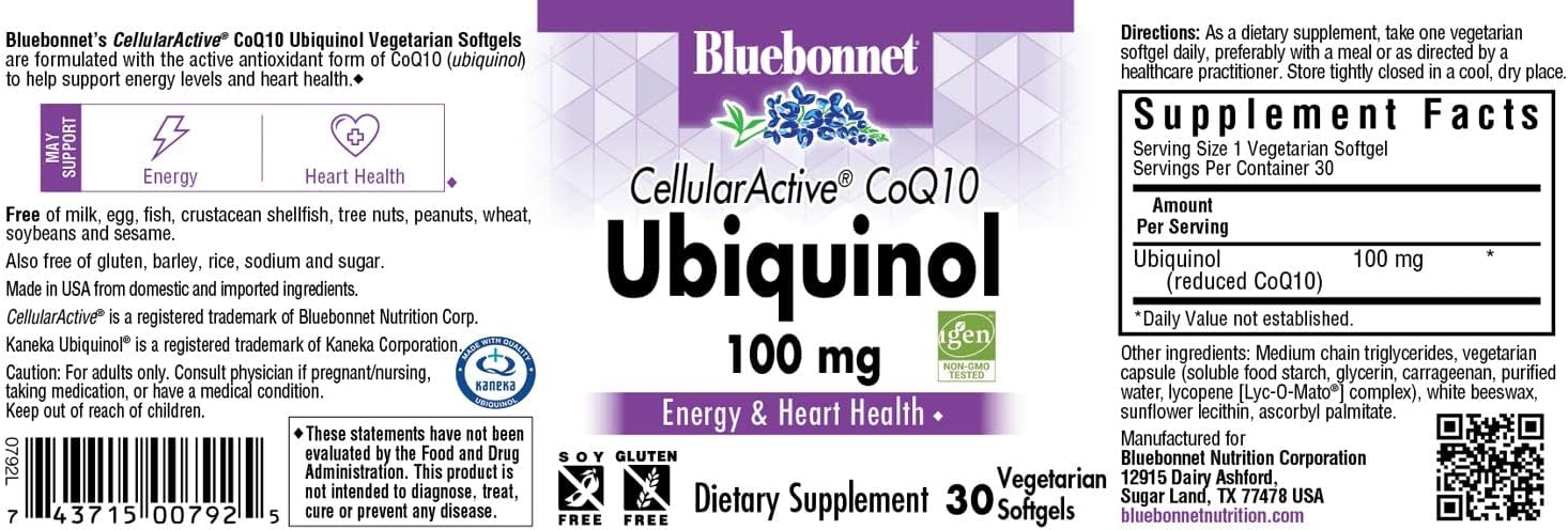 Bluebonnet Nutrition Cellular Active CoQ10 Ubiquinol 100mg Vegetarian 