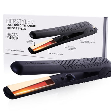 HerStyler Titanium at Iron - 1.25 Inch Titanium Hair Straightener with Rose Gold Titanium Plates - Enticing Dual Voltage at Iron for Silky Hair