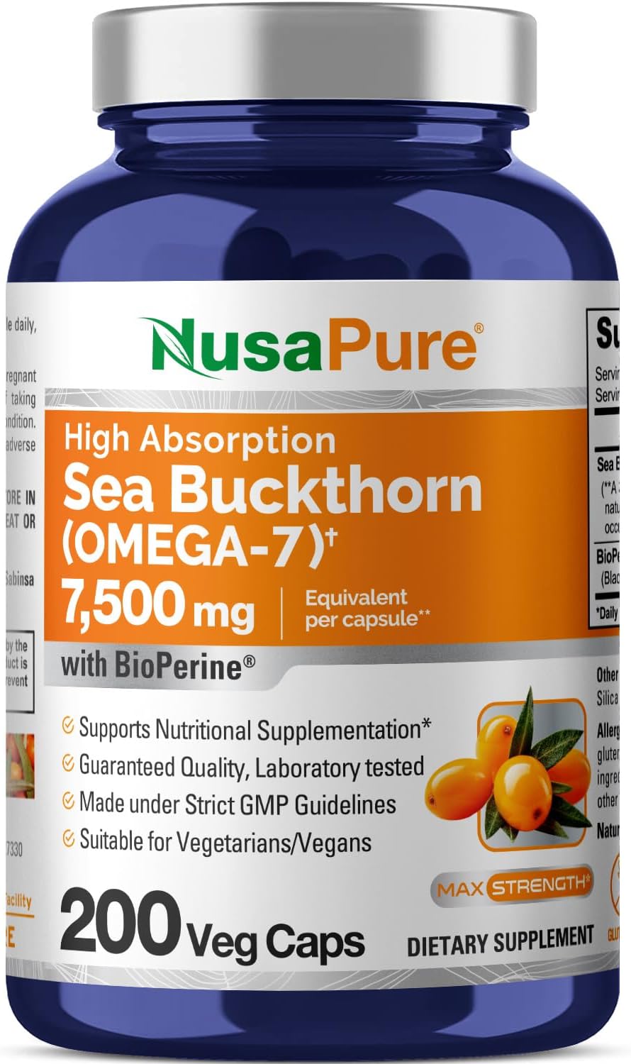 Sea Buckthorn (Omega 7) 7500mg 200 Veggie Powder Caps - Extract 30:1, Non-GMO & Gluten Free