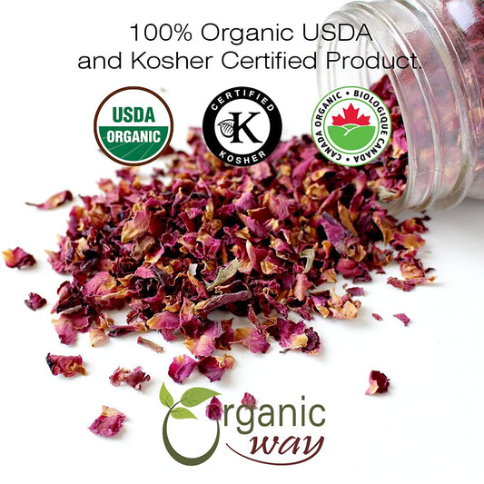 Organic Way Rose Petals Dried (Rosa Centifolia) - Pure, Edible & Fragrant for Tea | Organic & Kosher Certified | Raw, Vegan, Non GMO & Gluten Free | USDA Certified | Origin - India