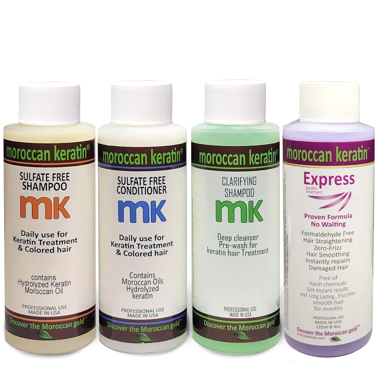 Moroccan Keratin Express Straightening Smoothing Hair Treatment System Formaldehyde Free No-Wait Formula Instant Results 120ml Set with Clarifying Shampoo, Sulfate-Free Shampoo and Conditioner