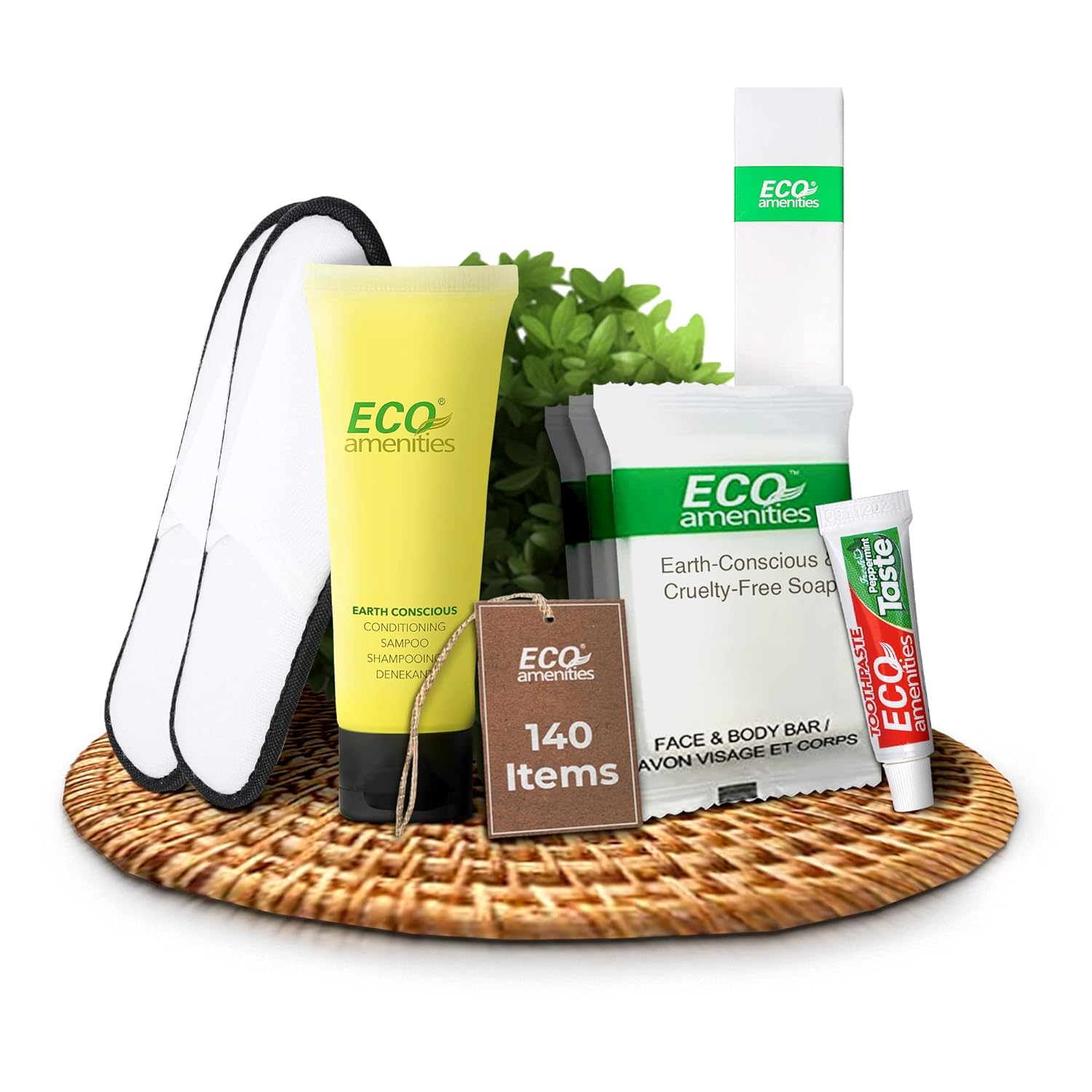 ECO Amenities 140 PIECE Bulk Hotel Toiletries Set - 30ml Conditioning Shampoo, 14g Bar Soap, Boxed Toothbrush and Toothpaste (40 each), Closed Toe Slippers (20 pairs) for Travel, Hotels, AirBnB Guests