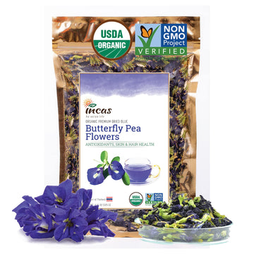 INCAS 100% USDA Organic Butterfly Pea Flower  (375+ Cups) DIRECT FROM SOURCE Thailand Non GMO Verified Dried Butterfly Pea Flowers Caffeine Free Gluten Free Vegan Rich in Antioxidants Free eBook