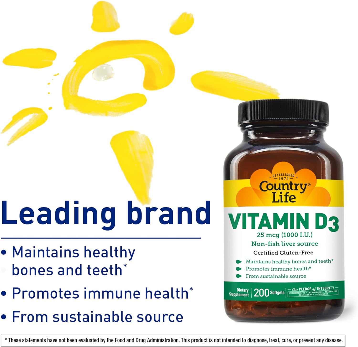 Country Life Vitamin D3, Non-Fish 1000 IU, 200 Softgels, Certified Glu