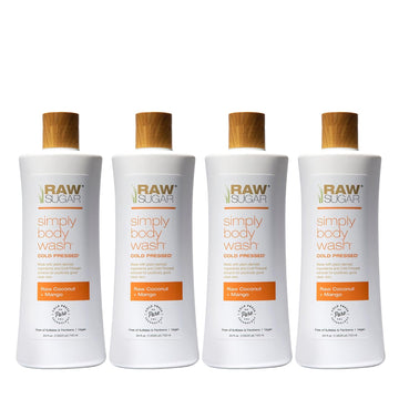 RAW SUGAR Simply Body Wash - Raw Coconut + Mango, Moisturizing & Soothing Bath & Shower Gel, Formulated without Sulfates and Parabens & Vegan (Pack of 4)
