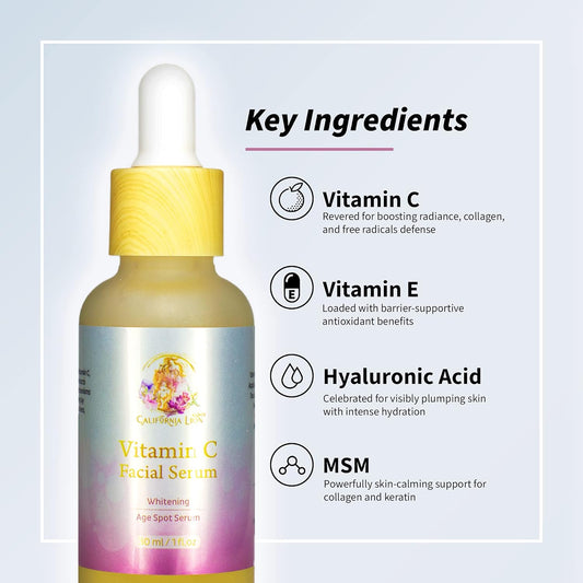 Vitamin C Serum for Face by California Lion, Age Spot, Anti-Aging with Hyaluronic Acid, Vitamin B3, Aloe, Wrinkles and Fine Lines, (1  )