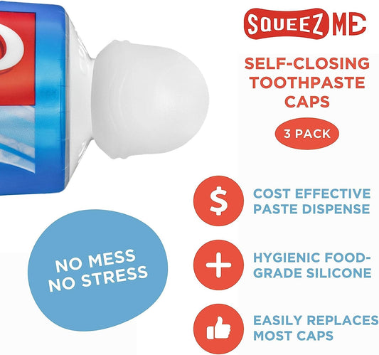 Toothpaste Caps 3 Pack, SqueezMe by Chrome Cherry, Self-Closing, Reusable Silicone Caps, Mess-Free Toothpaste Dispenser Squeezer Lids for Kids, Adults, Bathroom Accessories for Tooth and Gum Health