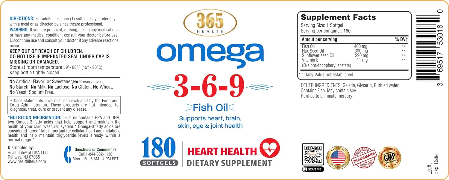  365 Health Omega 3-6-9 180 Softgels | from Fish, Flaxseed, 