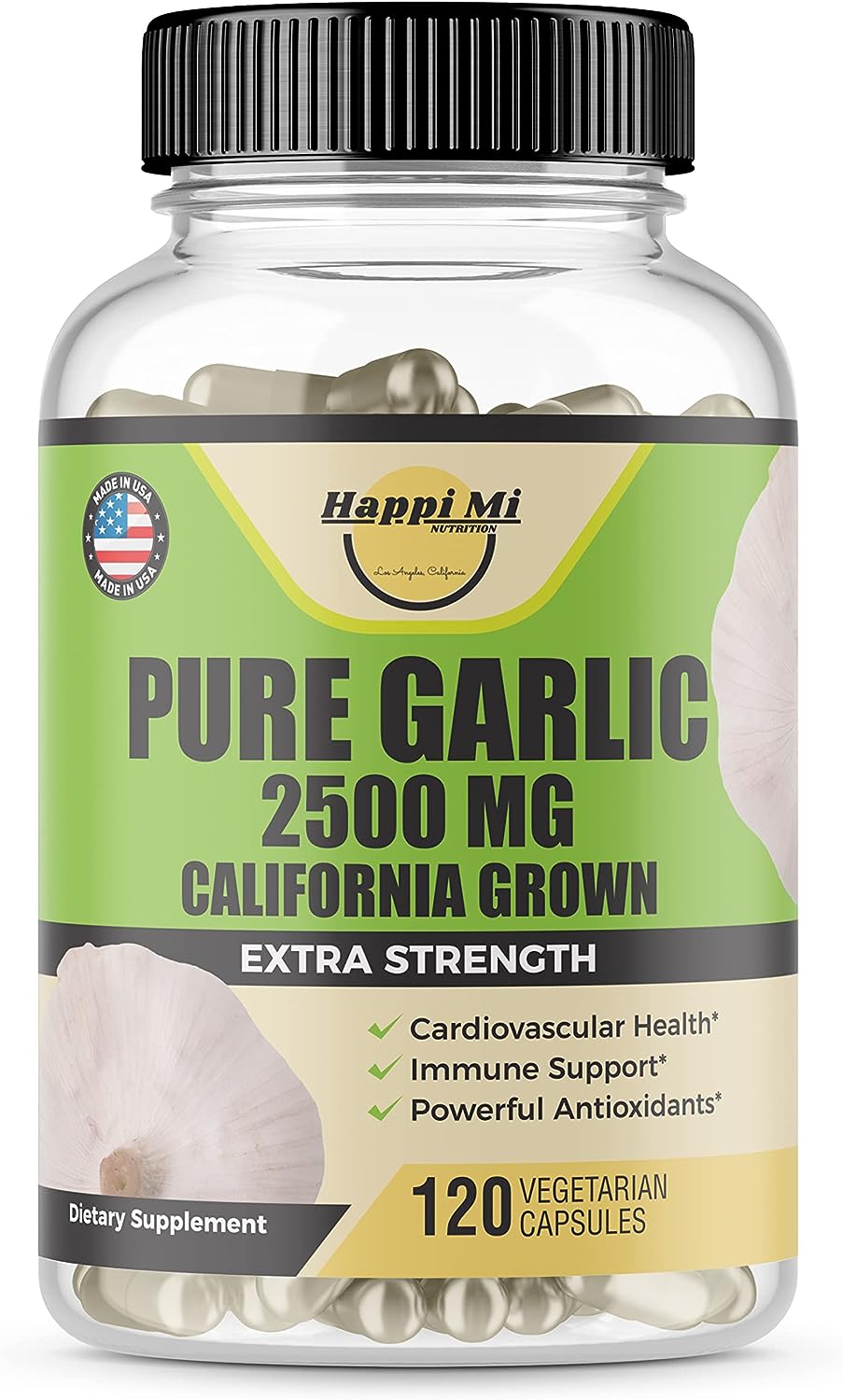 Happi Mi Nutrition Organic Garlic Capsules 2500mg, California US Grown, Immune Support, Healthy Cholesterols and Heart,
