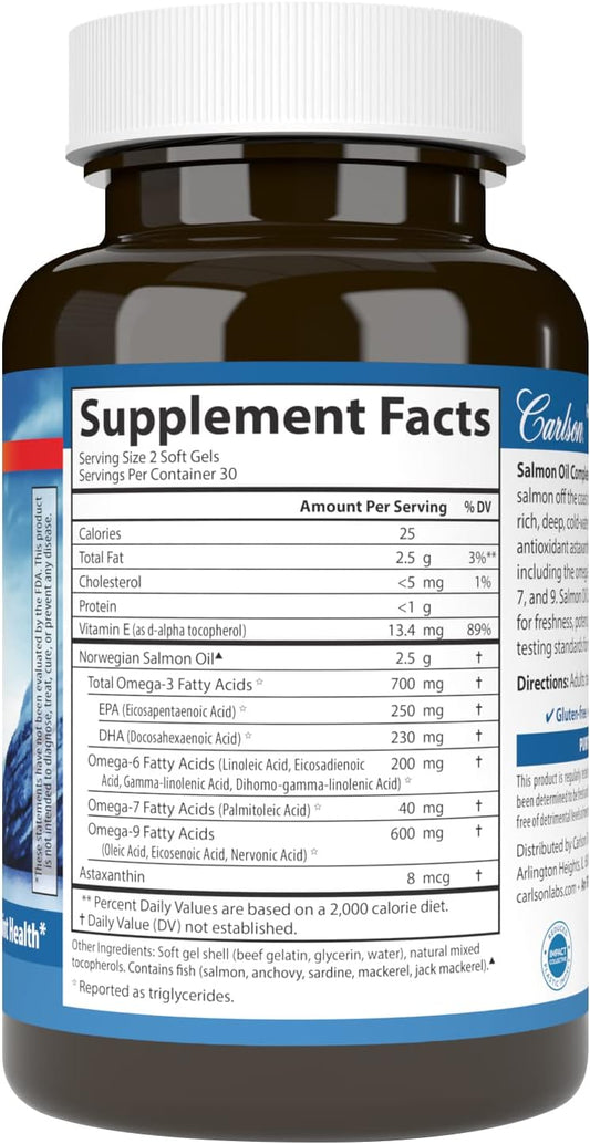 Carlson - Salmon Oil Complete, 700 mg Omega-3s + Astaxanthin, Cardiovascular Support, Brain Function & Joint Health, 60