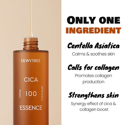 Dewytree Cica 100 Essence Vegan Soothing and Hydrating Essence Water with 100% Centella Asiatica Extract, Calming Irritated and Blemished Skin and Skin Nourishment 160