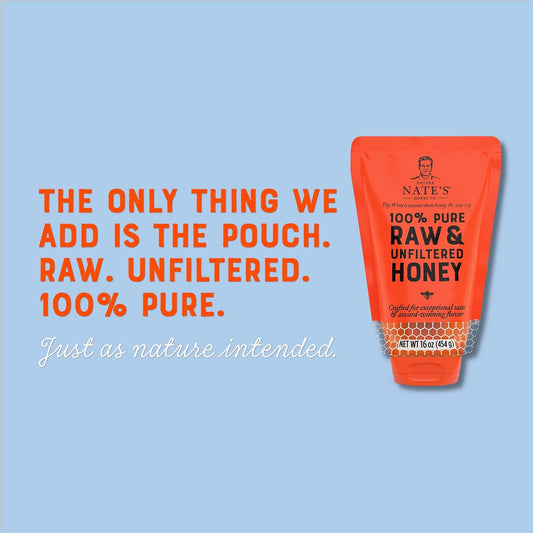 Nature Nate's 100% Pure, Raw & Unfiltered Honey, No-Drip Sustainable Squeeze Pouch; Purity Guarantee, No Additives, 16 O