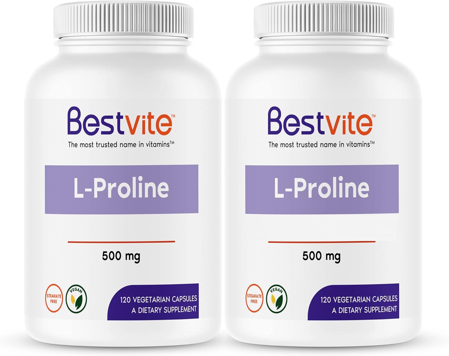 BESTVITE L-Proline 500mg (240 Vegetarian Capsules) (120 x 2) - No Stea