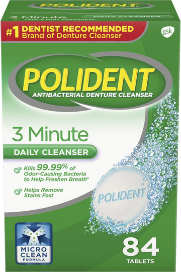 Polident 3 Minute Triple Mint Antibacterial Denture Cleanser Effervescent Tablets, 84 count