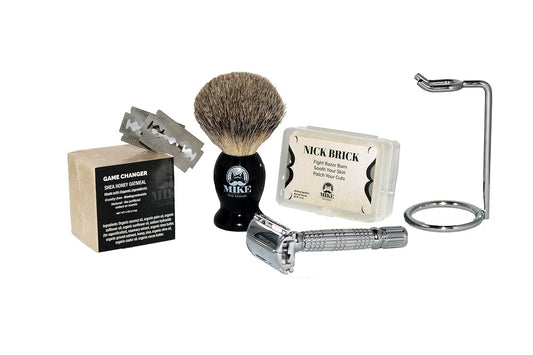 Complete Wet Shave Kit | Mike the Mason | Gift Set Includes: Hawk Safety Razor, Pure 100% Badger Hair Brush, Organic Honey Oatmeal Shave Bar, Nick Brick, 5 Premium Mens Blades, and a Razor Stand