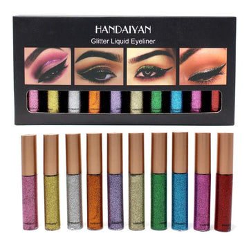 HANDAIYAN 10PCS/SET Glitter Eyes Liner For Women Easy to Wear Pigmented Red White Gold Liquid Eyeliner Glitter Makeup