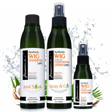 Awesome Synthetic Wig Shampoo & Leave in Conditioner Spray, pH6, Professional Wig Care Solution, Wig Detangler, Moisturizes, Replenishes & Easy Combing, Contains Coconut Oil (Premium Set of 3)