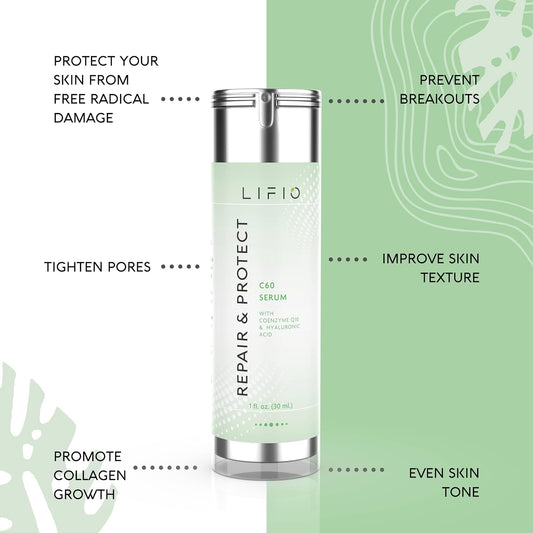 Lifio REPAIR & PROTECT C60 Serum, Prevent Breakouts & Tighten Pores with Coenzyme Q10 & Hyaluronic Acid, 1   (30 )