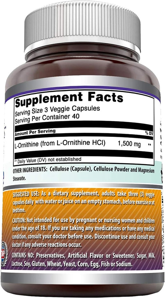 Amazing Formulas L-Ornithine 1500mg Per Serving Veggie Capsules(Non GMO,Gluten Free)- Supports Protein Metabolism, Helps Reduce Muscle Waste, Promotes Peak Athletic Performance(120 Count)