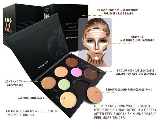 Youngfocus Cosmetics Cream Contour Best 8 Colors and Highlighting Makeup Kit - Contouring Foundation/Concealer Palette - Vegan, Cruelty Free & Hypoallergenic - Step-by-Step Instructions Included