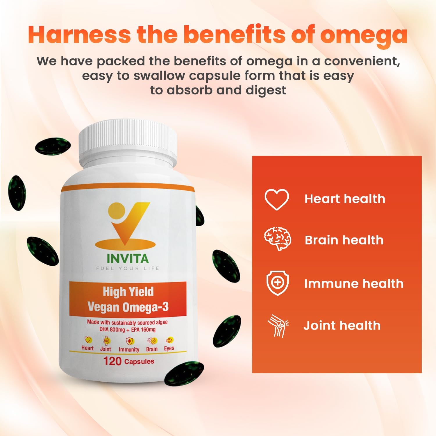  INVITA Vegan Omega-3 Supplement - Marine Algae with DHA & E