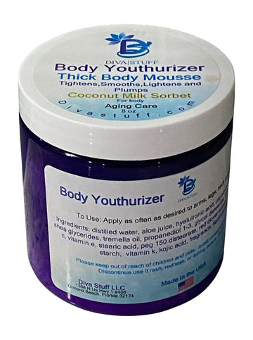 Diva Stuff Body Youthurizer,Thick Body Mousse For Crepey Skin With Anti Aging, Deep Hydration , Smoothing and Plumping Properties, Contains Hyaluronic Acid, Tremella Oil & Shea Glycerides, Coconut Milk Sorbet, Scent, 8  Jar