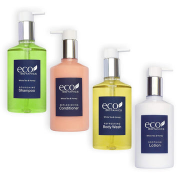Eco Botanics Amenities Set,10.14 . Pumps (1 of Each) Shampoo, Conditioner, Hand/Body Wash, and Lotion (Set of 4)