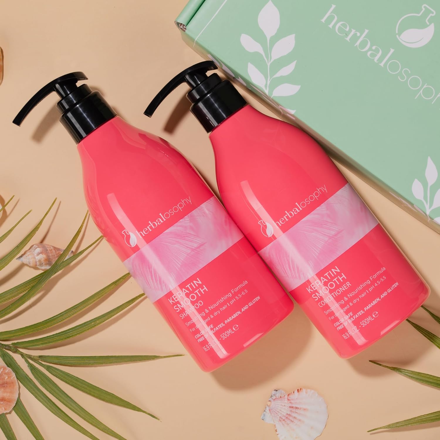 Herbalosophy Keratin Shampoo & Conditioner Set, Smoothing, Nourishing & Moisturizing Formula for Damaged and Dry Hair, Free of Sulfate, Parabens and Gluten, 2 x 16.9
