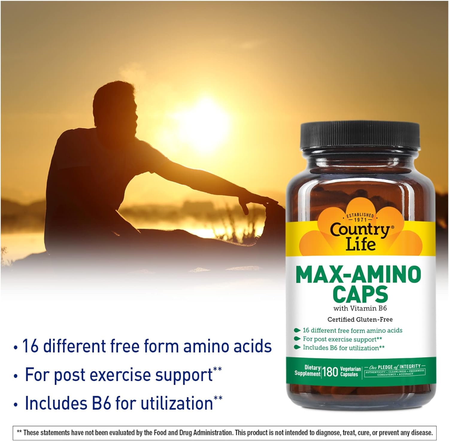 Country Life Maxi-Amino with 16 Free Form Amino Acids, 180 Vegetarian 