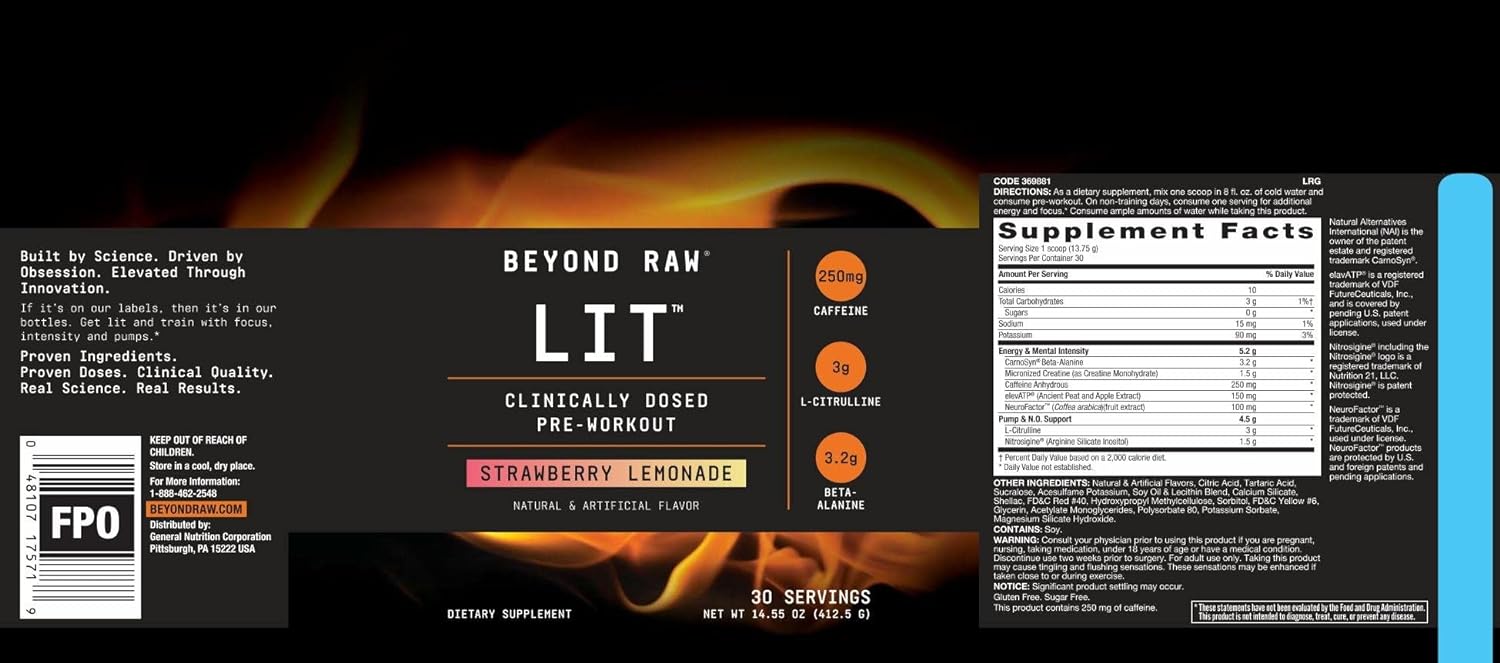  BEYOND RAW LIT | Clinically Dosed Pre-Workout Powder | Cont