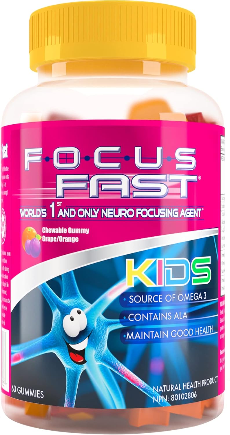 Focus Fast Kids Omega 3 Gummies. Support Brain Function & Cognition. Non GMO, Vegan, Plant Based derived from Flax Oil &