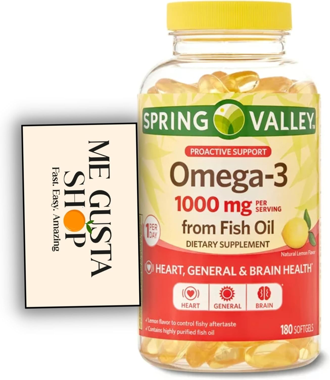 Spring Valley Omega-3 Fish Oil Soft Gels, 1000 mg, 180 Count + Me Gustas Sticker (1)