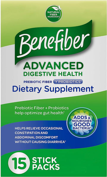 Benefiber Advanced Digestive Health Prebiotic Fiber Supplement Powder with Probiotics for Digestive Health, Low FODMAP ? 15 Sticks (3.0 s)