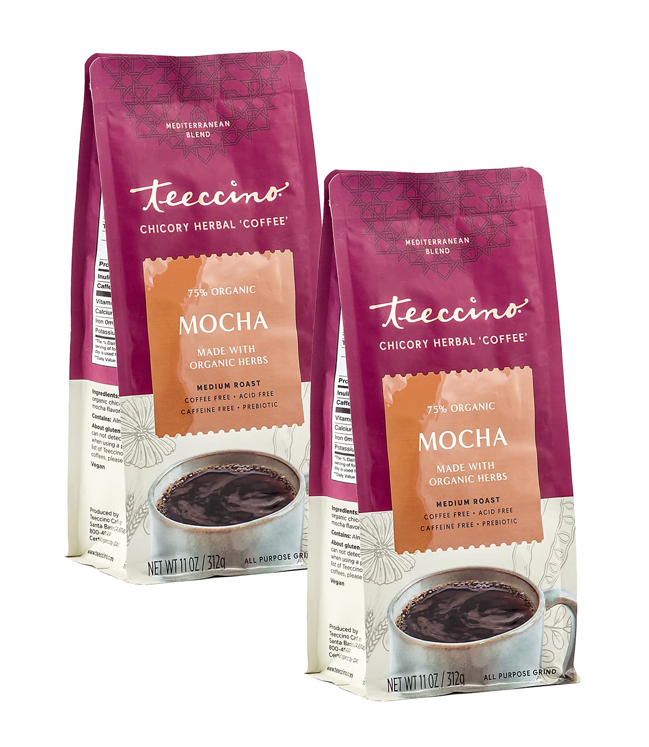 Teeccino Chicory Coffee Alternative Mocha – Ground Herbal Coffee That’s Prebiotic, Caffeine-Free & Acid Free, Medium Roast, (Pack of 2)