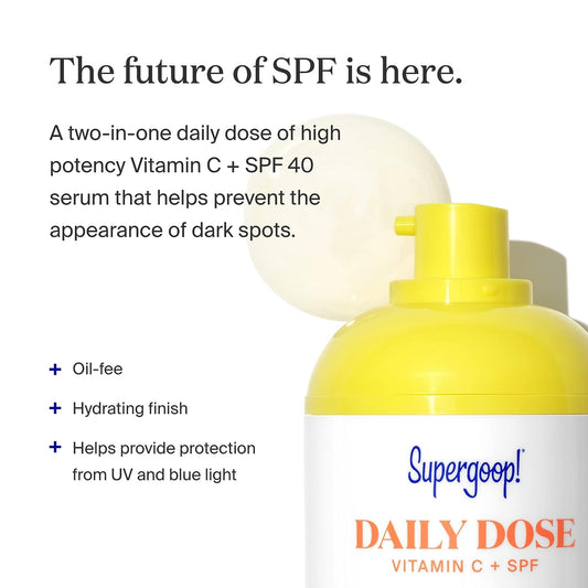Supergoop! Daily Dose Vitamin C + SPF 40 PA+++, 1   - Broad Spectrum Sunscreen Serum - Helps Visibly Brighten Skin & the Appearance of Dark Spots - For All Skin Types