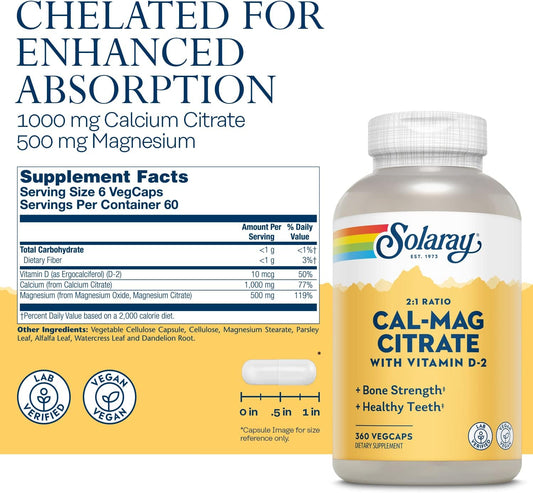 Solaray Calcium Magnesium Citrate 2:1 Ratio with Vitamin D2, Healthy Bone, Muscle & Nerve Support, 60 Serv, 360 VegCaps