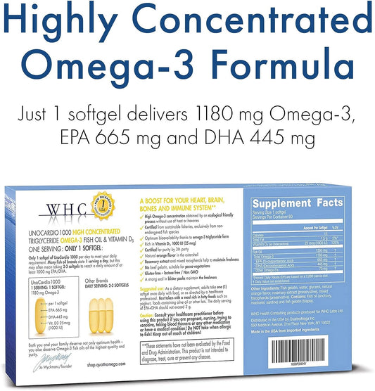 WHC, UnoCardio 1000 Fish Oil, 1300 mg of Pure Triglyceride Fish Oil with Omega-3 (1180 mg), 665 mg EPA and 445 mg DHA an