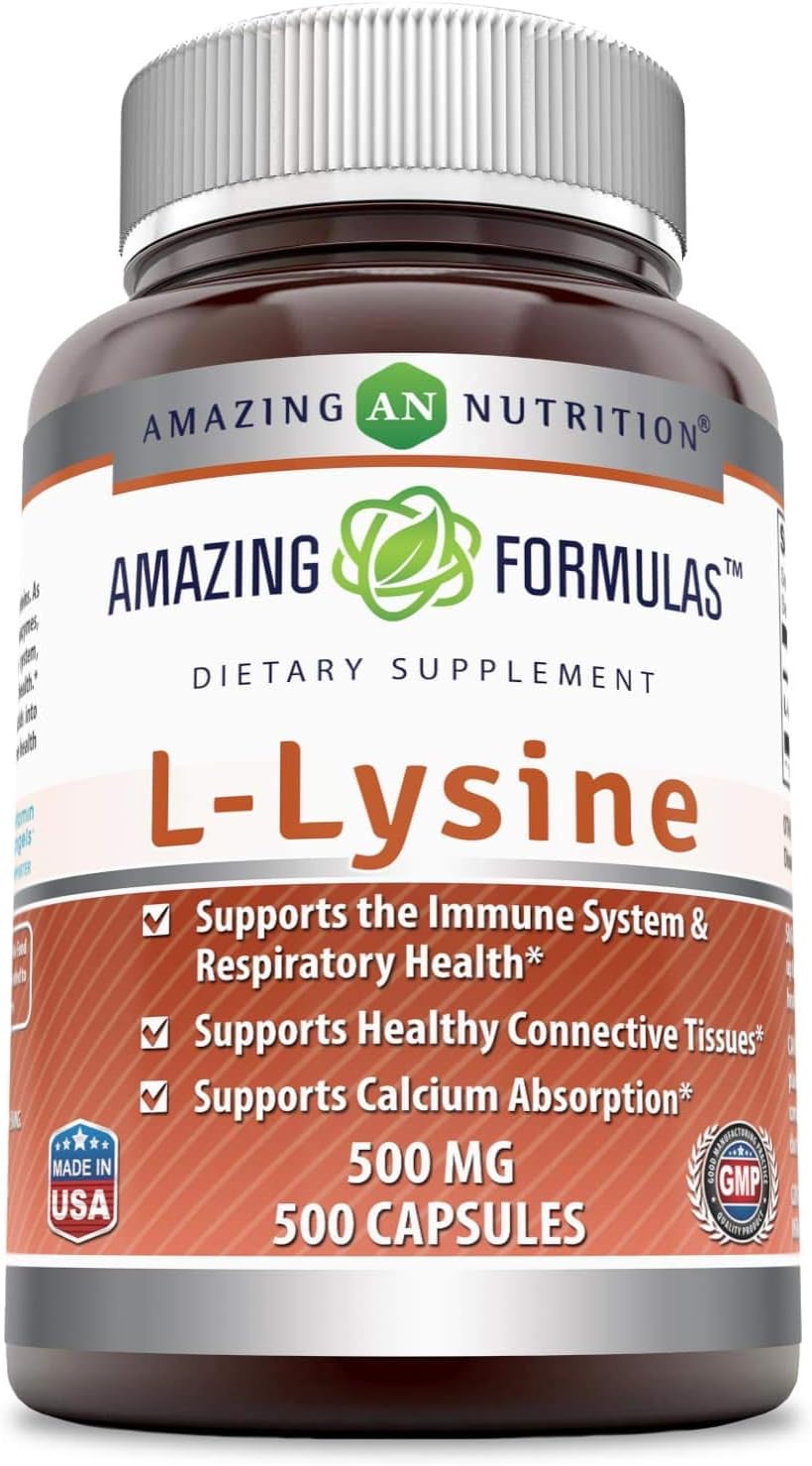 Amazing Formulas L-Lysine Amino Acid Vitamin Supplement (Non-GMO, Gluten Free) - Immune Support, Respiratory Health & More (Capsules, 500 Count)