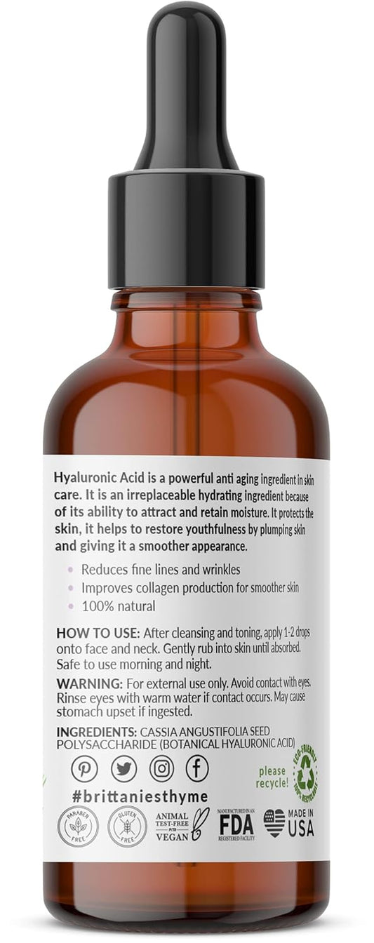 Brittanie's Thyme Pure Hyaluronic Acid Serum for Face | Anti-Aging Serum for Fine Lines & Wrinkles | Intense Plumping and Hydration | Repairs Dry Skin with Highest Concentration of Hyaluronic Acid