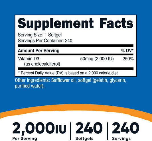 Nutricost Vitamin D3 2000 iu Softgels, 240 Softgels - Non-GMO & Gluten Free