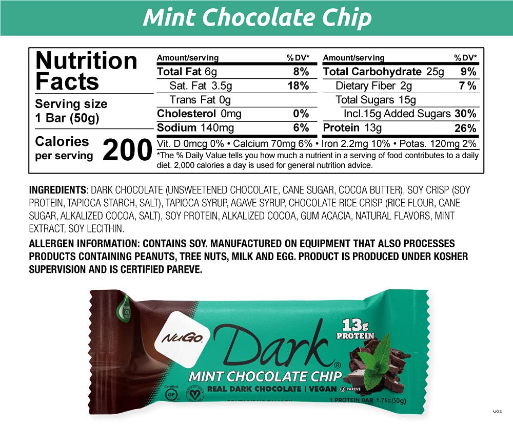 NuGo Dark Mint Chocolate Chip, 13g Vegan Protein, 200 Calorie, Gluten 